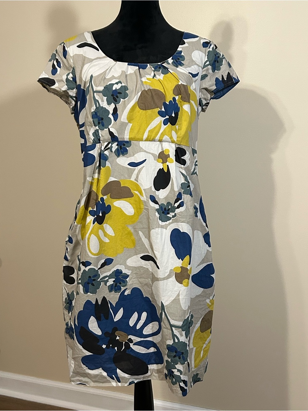 Boden Cotton Floral Midi Dress in Yellow, Blue & Gray